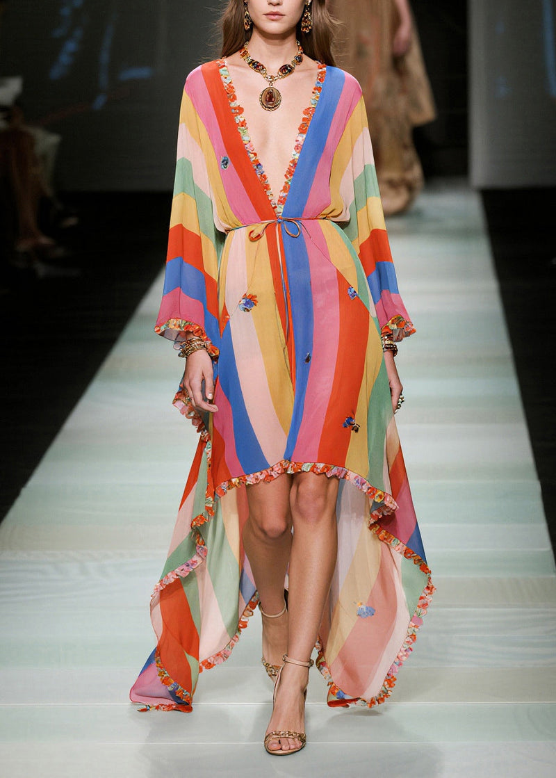 Multicolored Striped Asymmetrical Ruffled Chiffon Holiday Dress Summer