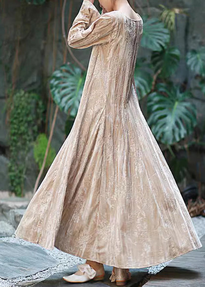 Boutique Apricot U Neck Print Exra Large Hem Velour Long Dress Fall