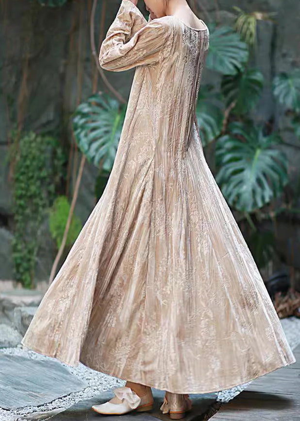 Boutique Apricot U Neck Print Exra Large Hem Velour Long Dress Fall