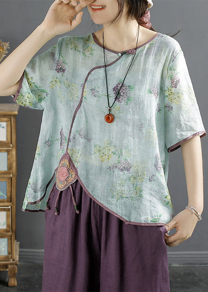 Natural Blue Embroideried Patchwork Print Linen Shirt Summer