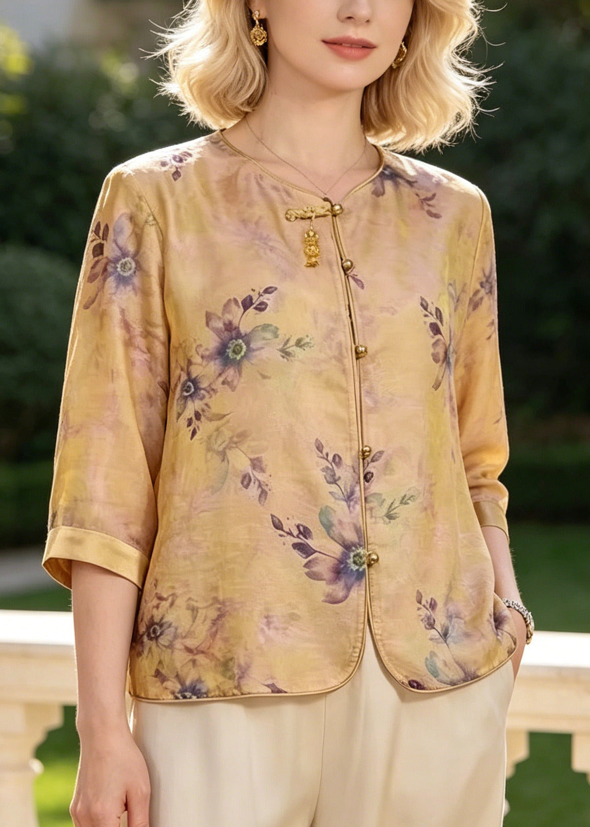 Yellow Print Silk Blouse Tops Bracelet Sleeve
