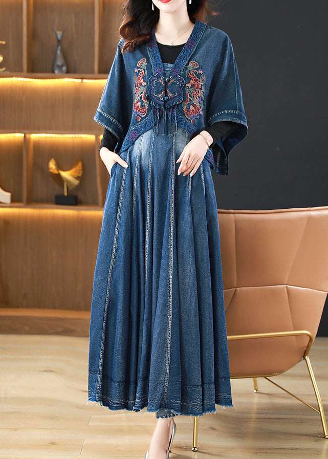 Blue Wrinkled Embroideried Patchwork Denim Three Pieces Set Fall