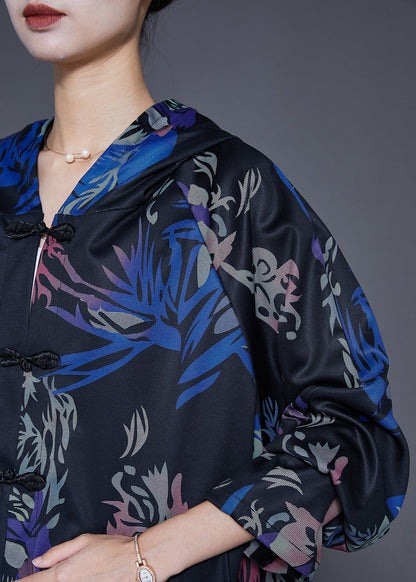 Black Oversized Print Chinese Button Two Pieces Set Fall