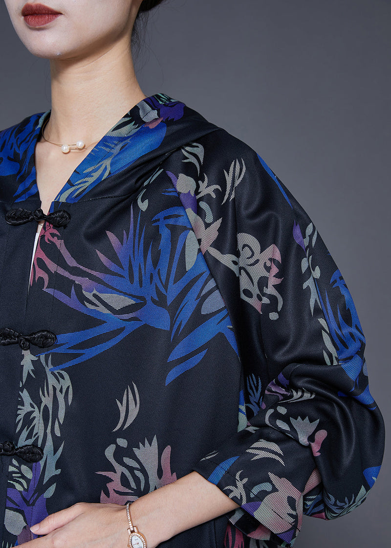 Black Oversized Print Chinese Button Two Pieces Set Fall