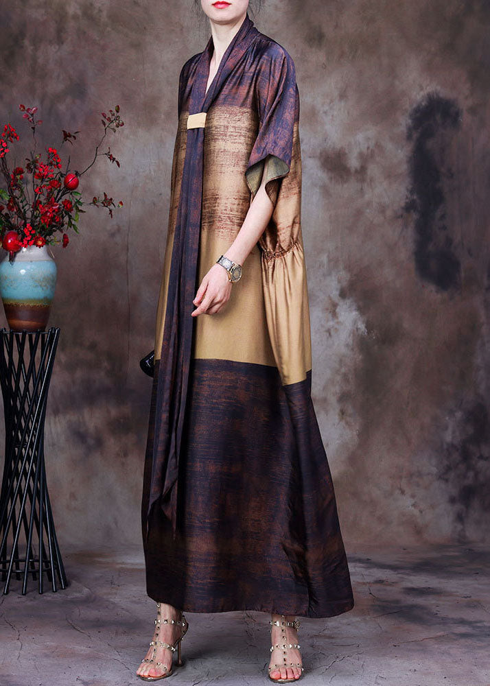 Chocolate Yellow Bow Print Silk Loose Ankle Dress Batwing Sleeve