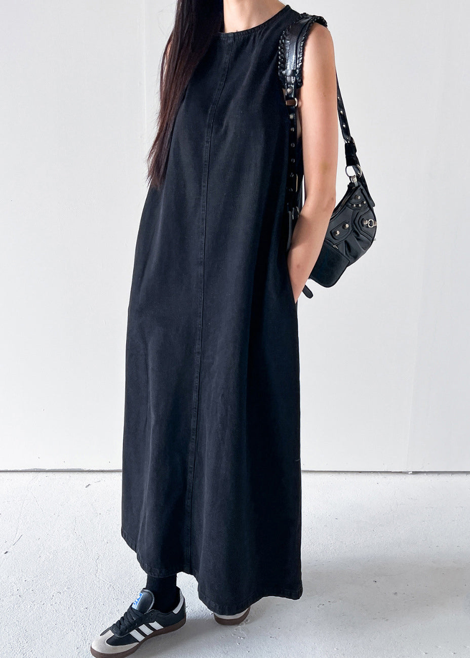 Black Pockets Long Dress O Neck Denim Summer