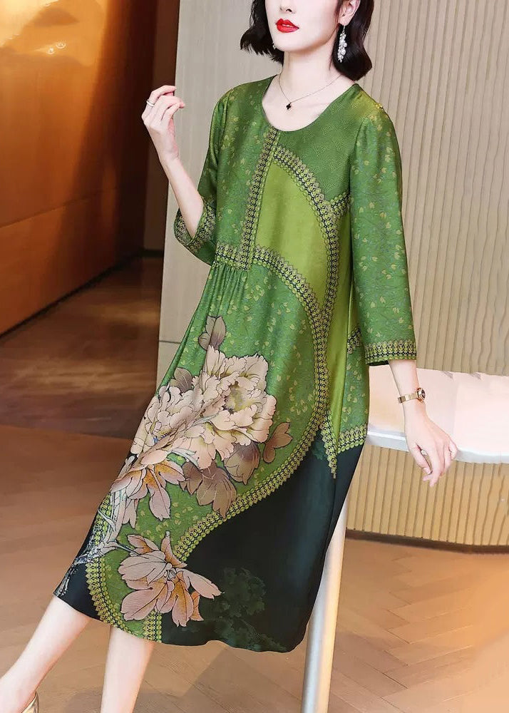 Green O Neck Print Patchwork Silk Long Dresses Spring