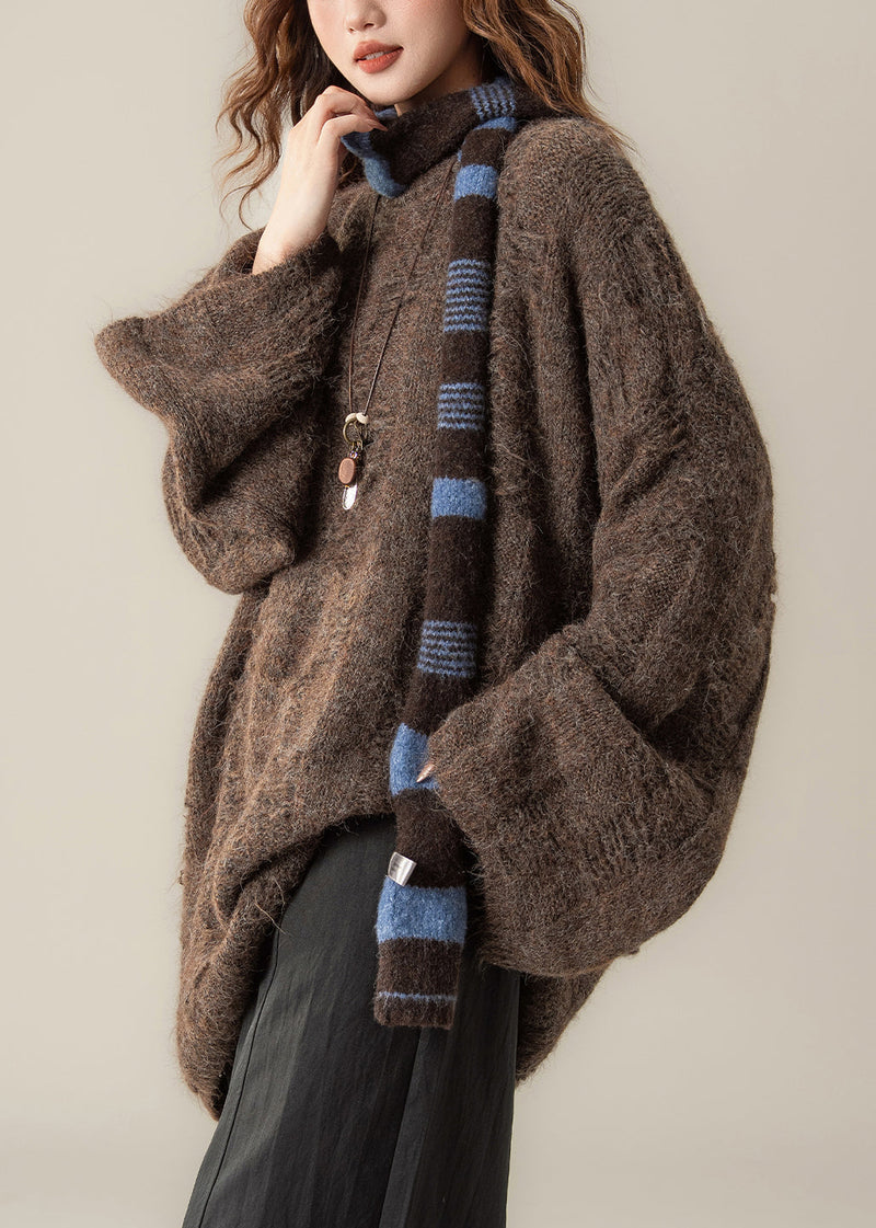 Loose Coffee O Neck Cozy Knit Sweater Tops Spring