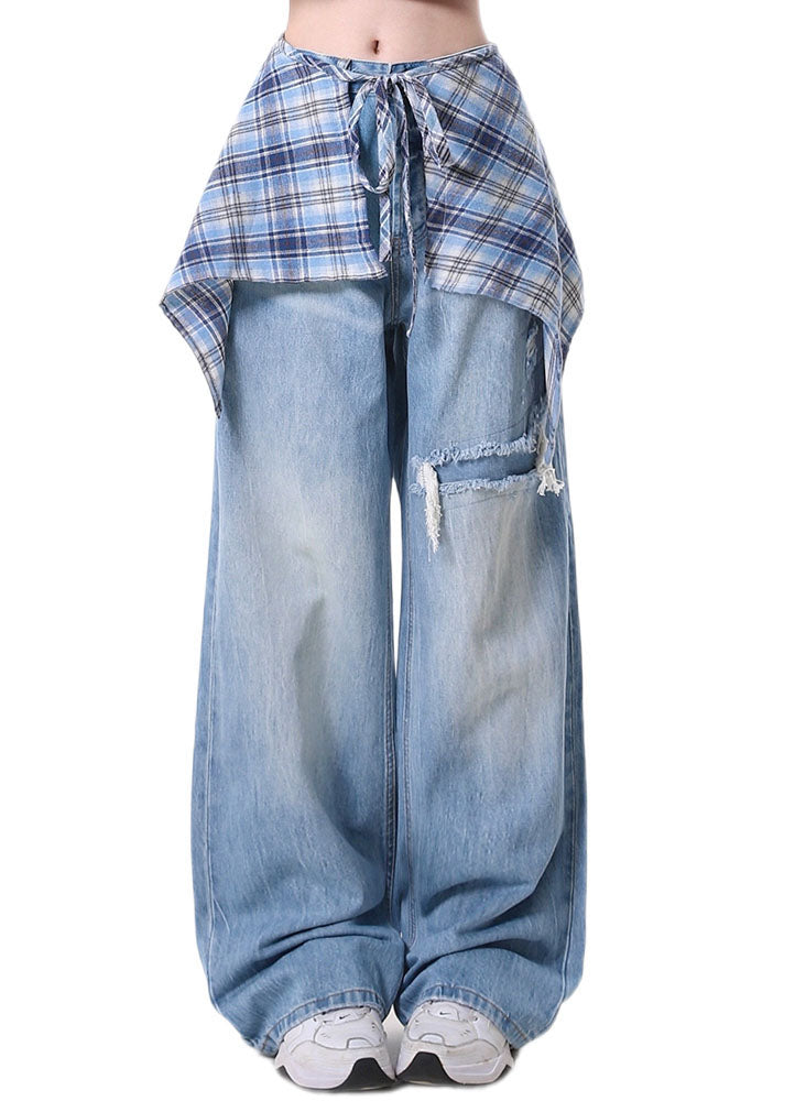 High Street Detachable Skirt Design Denim Wide Leg Pants Spring