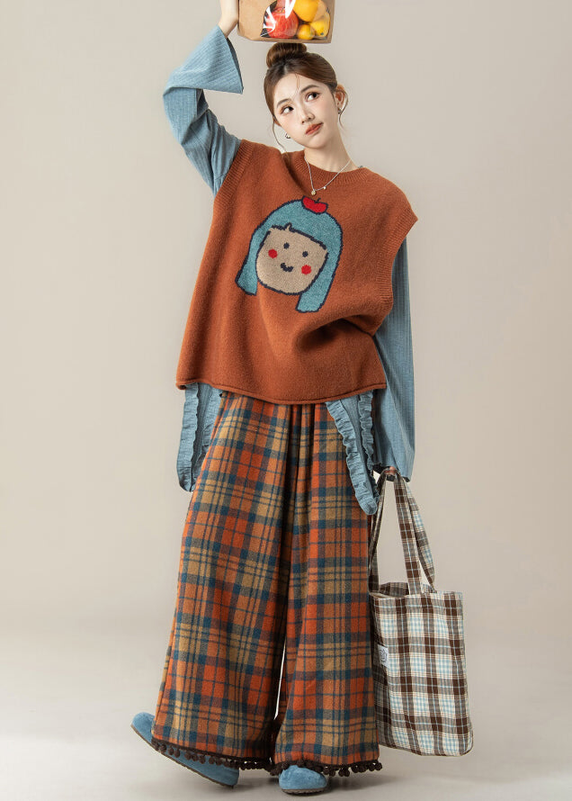 Japanese Style Orange O-neck Cartoon Knitted Vest and T Shirt Pants Set Spring