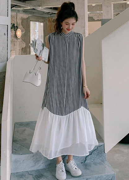 French Striped Stand Collar Patchwork Chiffon Dresses Sleeveless