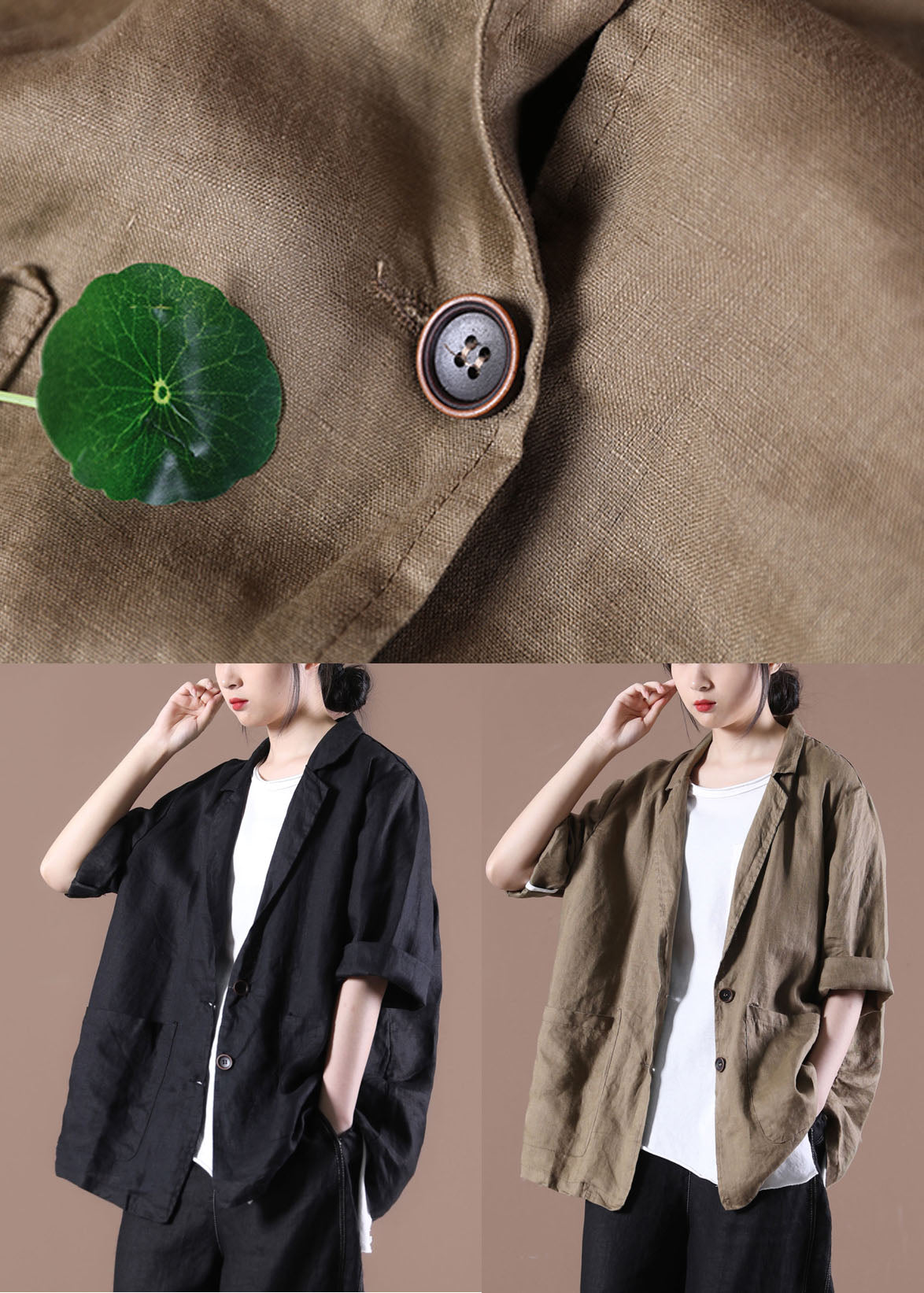 Dark Brown Notched Collar Pockets Linen Coat Long Sleeve