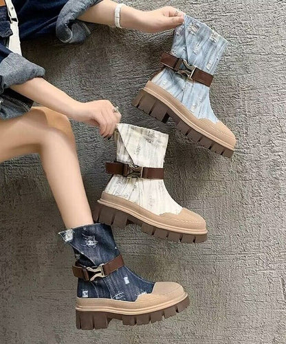 British Style Light Blue Platform Thin Denim Martin Boots for