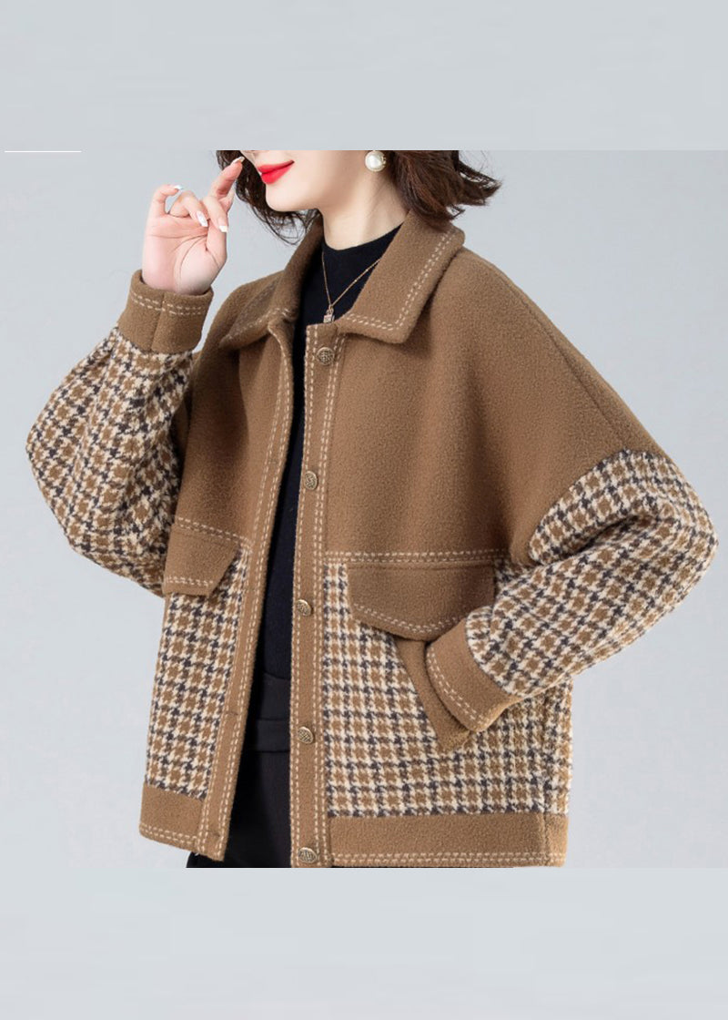 Camel Peter Pan Collar Print Patchwork Coats Long Sleeve