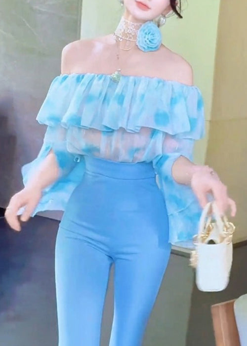 New Blue Slash Nneck Chiffon Shirts and Flare Bottoms Two Pieces Set Fall