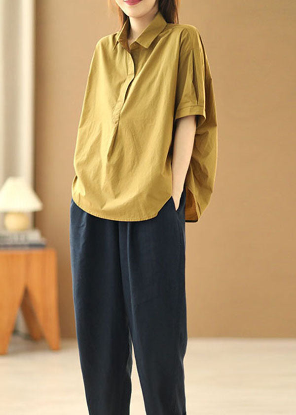 Khaki Peter Pan Collar Patchwork Cotton Shirt Tops Short Sleeve