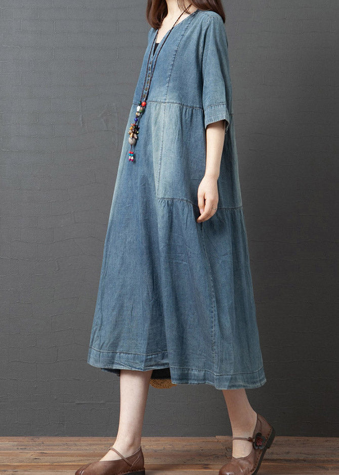 Denim Blue V Neck Patchwork Dresses Half Sleeve