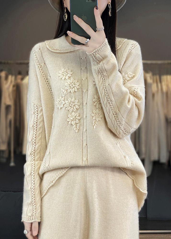 Boutique Beige Peter Pan Collar Ruffled Patchwork Wool Knit Sweaters Spring