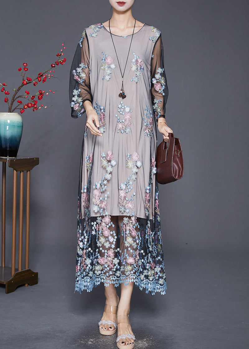 Grey Embroideried Hollow Out Tulle Maxi Dresses Fall