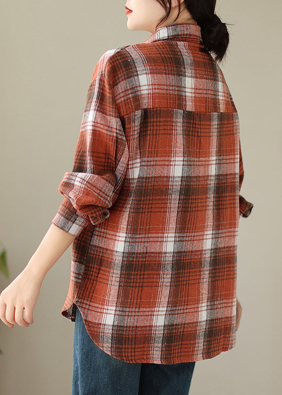 Orange Peter Pan Collar Pockets Plaid Cotton Coat Fall