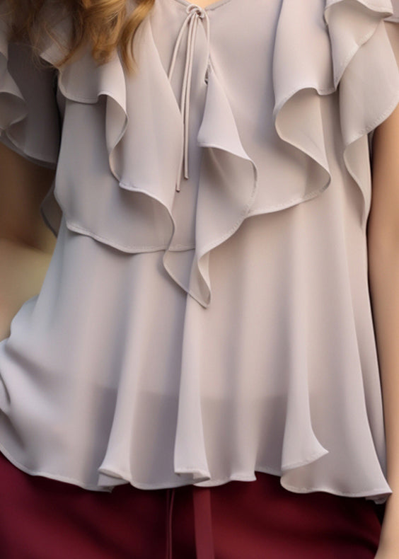 Light Grey Ruffled Lace Up Chiffon Top Summer