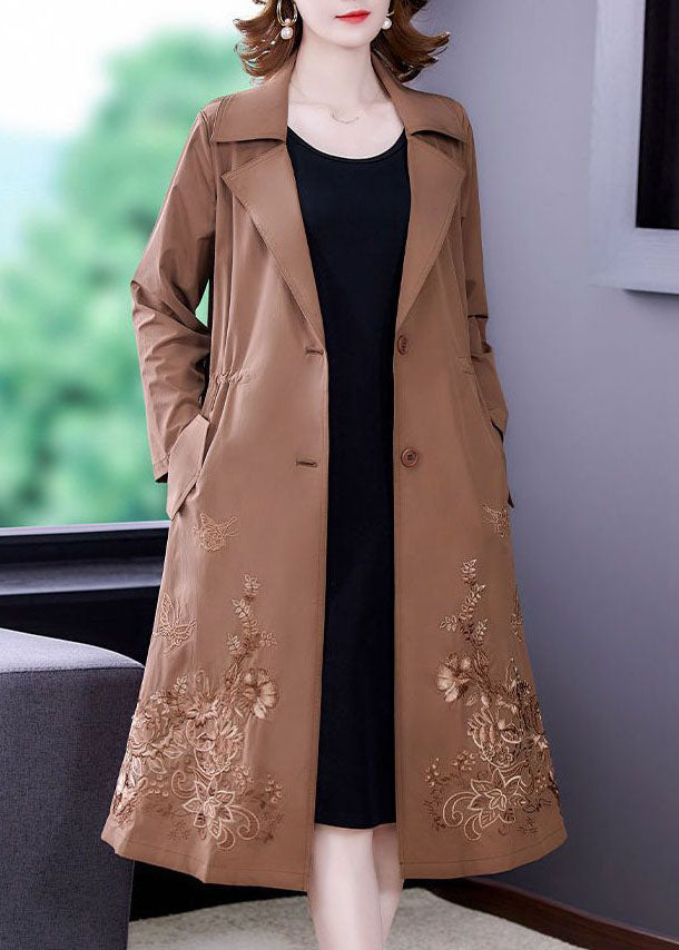 Khaki Spandex Cinch Trench Coat Notched Collar Fall