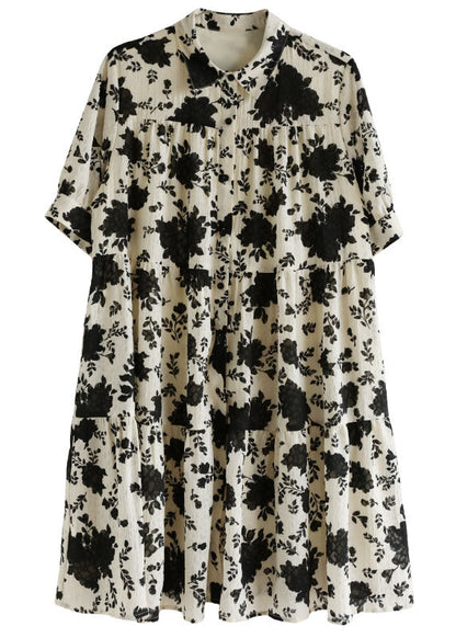Classy Beige Peter Pan Collar Wrinkled Black Party Dress Short Sleeve