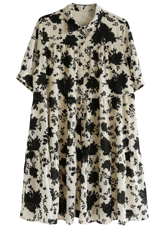 Classy Beige Peter Pan Collar Wrinkled Black Party Dress Short Sleeve
