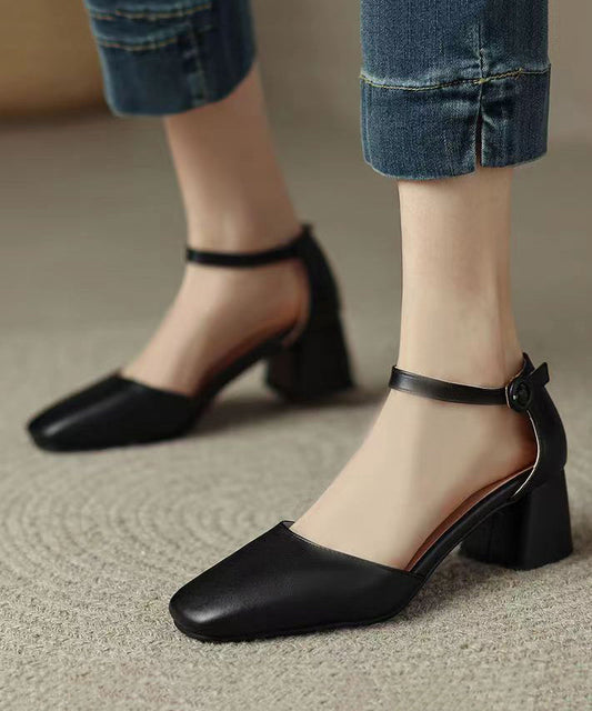 Black Buckle Strap Splicing Chunky High Heels