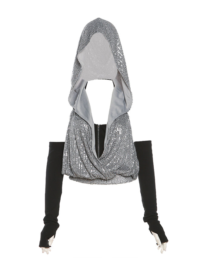 Cool Sequin Hooded Zipper Neck Hanging T-shirt Two-piece Set