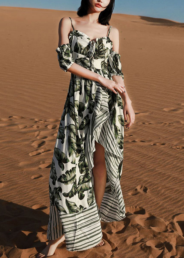Green Print Lace Up Patchwork Cotton Spaghetti Strap Dress Summer