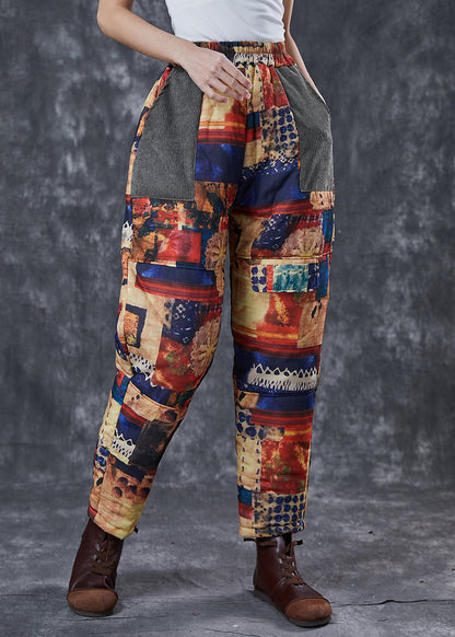 Unique Khaki Print Pockets Fine Cotton Filled Pants Winter