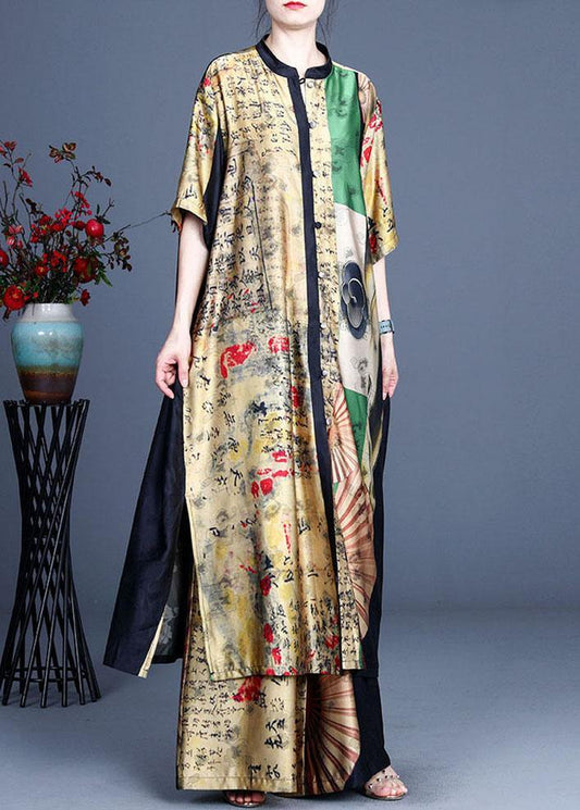 Stylish Yellow Asymmetrical Design Retro Print Summer Long Shirts Two Pieces Set