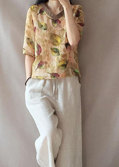 Modern Yellow Leaves Clothes V Neck Half Sleeve Loose Blouse