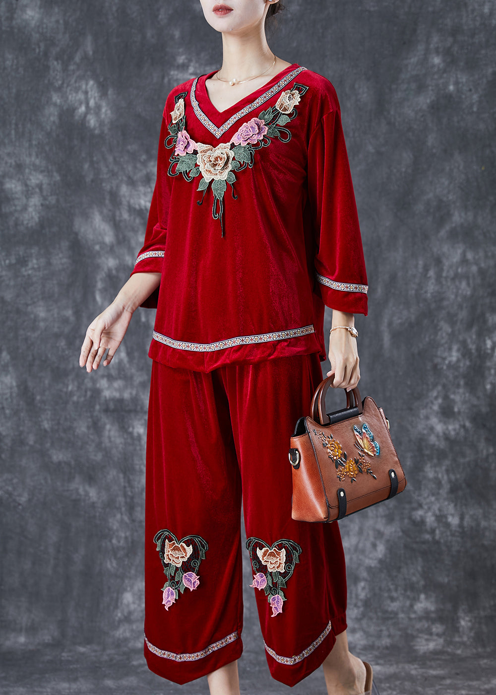 Boutique Mulberry Embroideried Silk Velour Two Piece Set Clothing Fall
