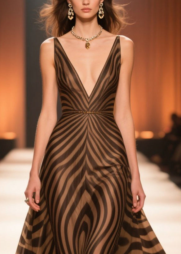 Brown V Neck Striped Chiffon Long Dresses Summer