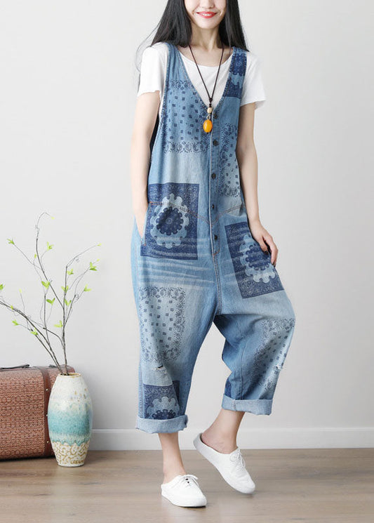 Loose Blue Hole V Neck Print Cotton Denim Jumpsuits Spring
