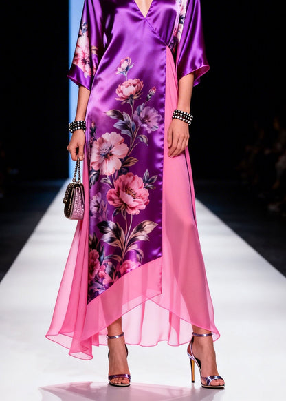 V Neck Print Patchwork Silk Long Dress Summer