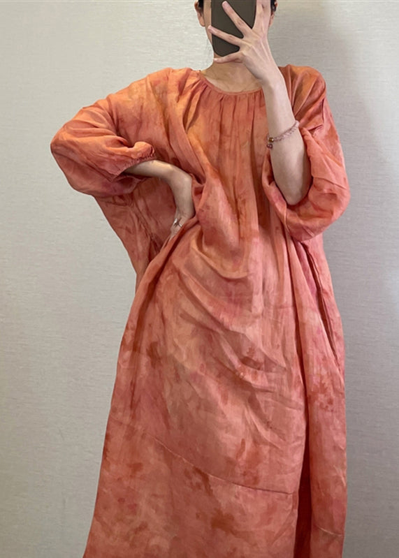 Boutique Orange O-neck Print Maxi Dresses Long Sleeve