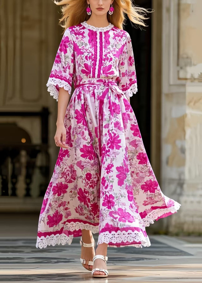 Italian Rose Tie Waist Print Silk Holiday Dress Summer