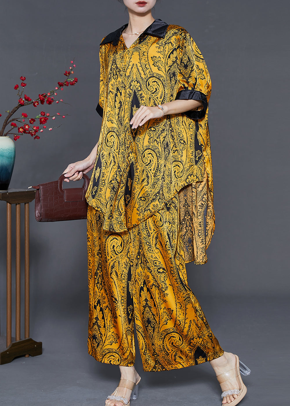 Style Yellow Oversized Print Silk Two Pieces Set Summer