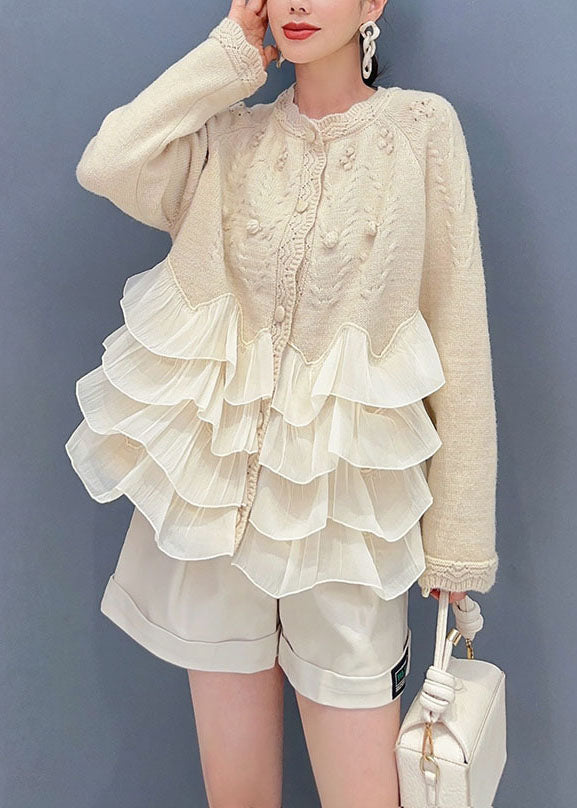 Natural Beige O-neck Tulle Patchwork Knit Top Long Sleeve