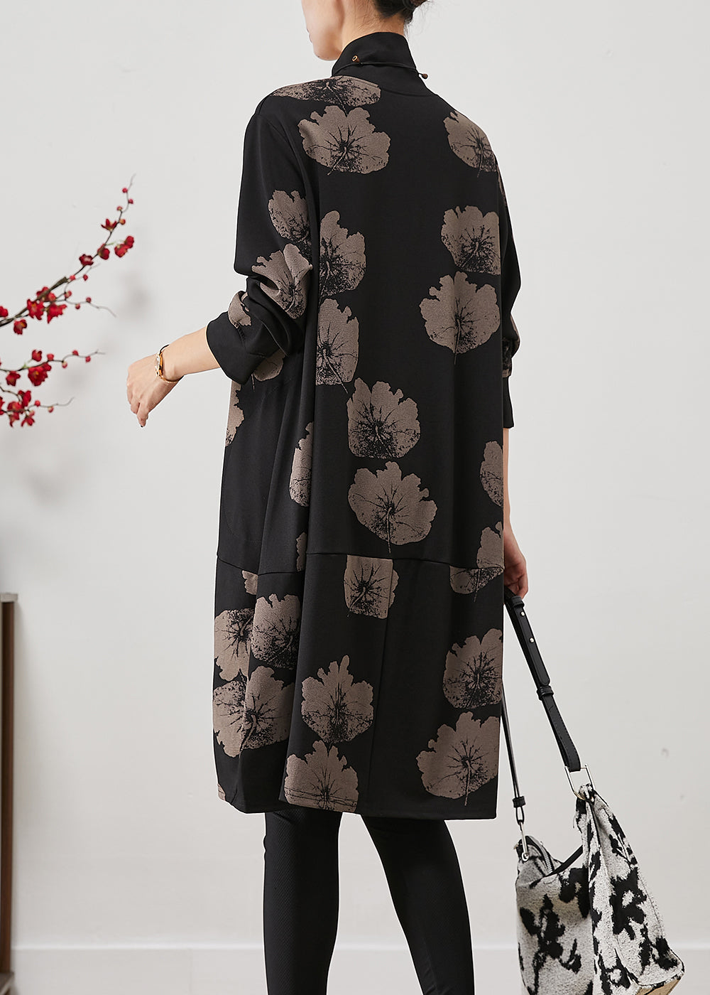 Black Turtle Neck Print Cotton Dresses Fall