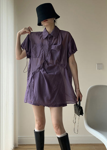 Purple Peter Pan Collar Button Patchwork Cotton Two Piece Suit Summer