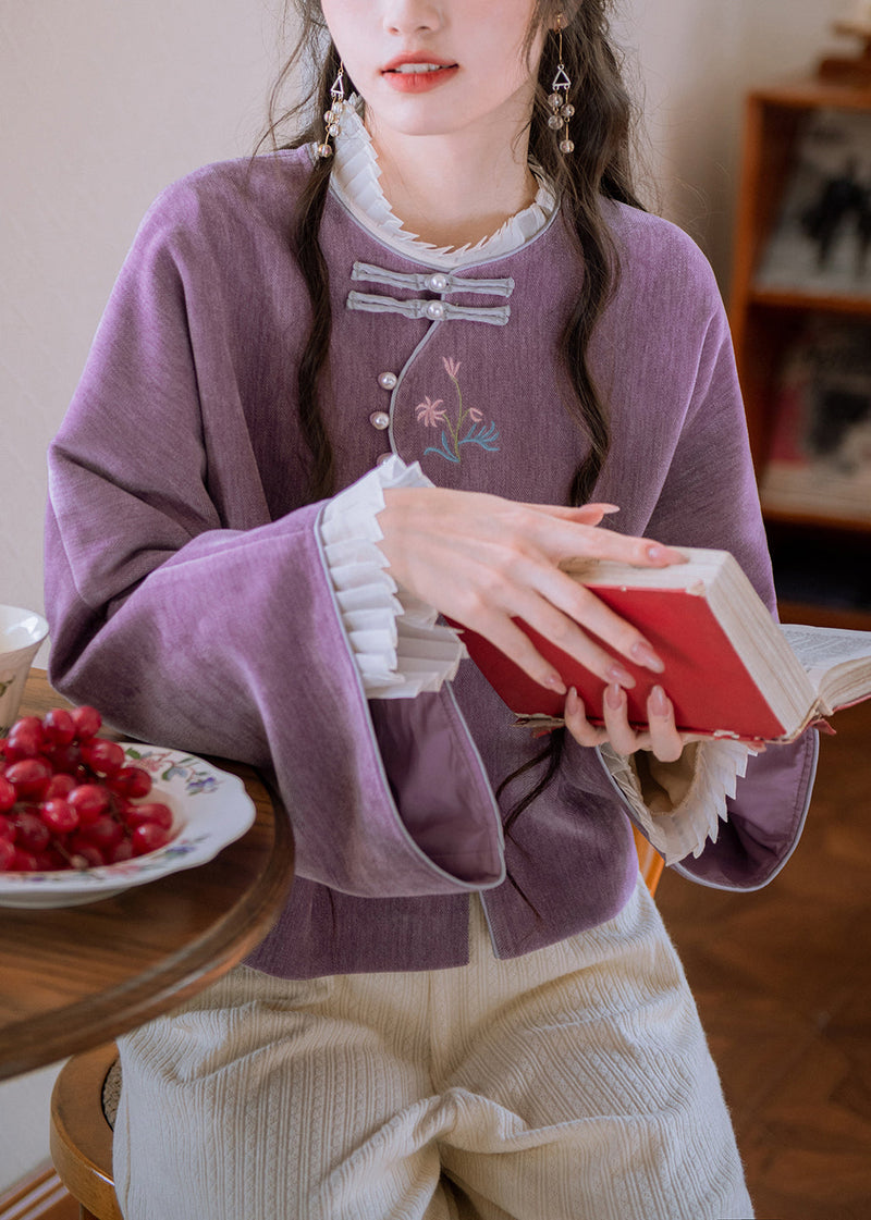 Purple Embroidered Button Cotton Coat Flare Sleeve