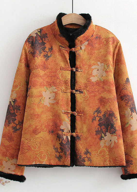 Yellow Chinese Button Patchwork Silk Print Warm Fleece Coats Spring