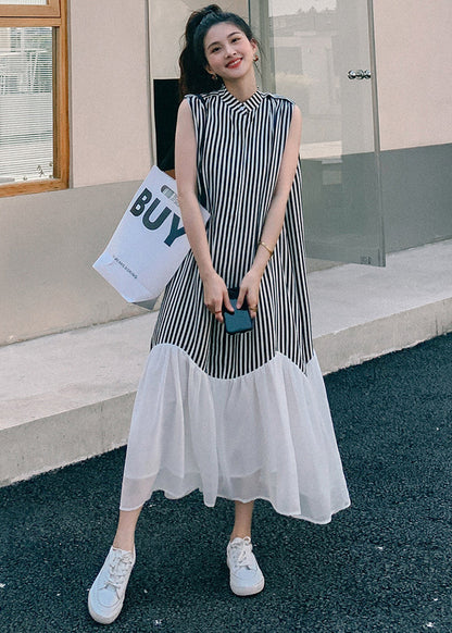 French Striped Stand Collar Patchwork Chiffon Dresses Sleeveless