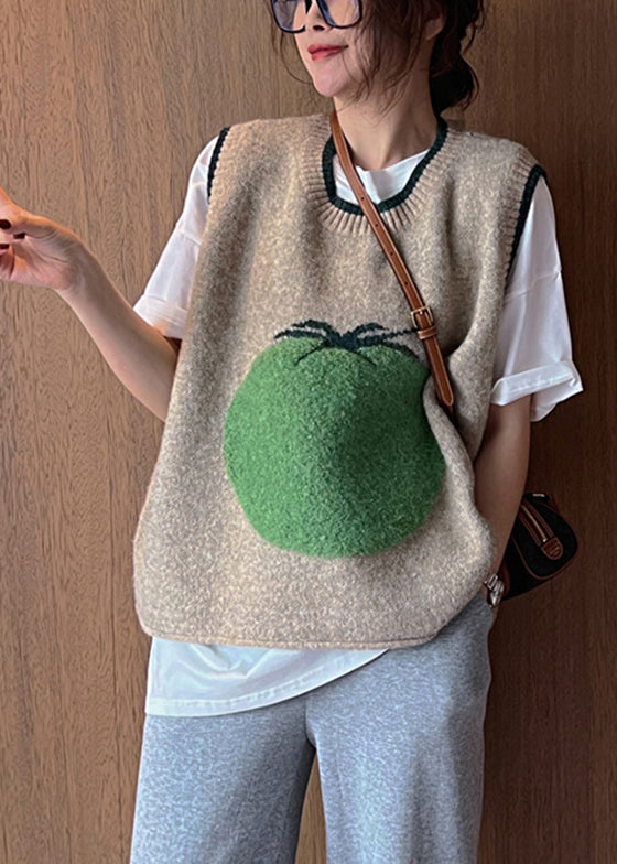 French Khaki O-neck Patchwork Print Woolen Knitted Vest Sleeveless