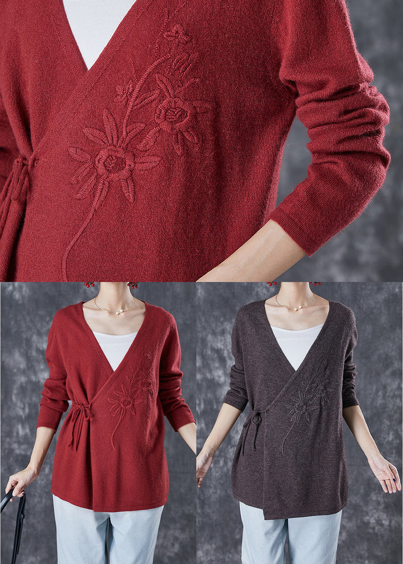 Italian Mulberry Embroideried Tie Waist Wool Knit Cardigan Winter