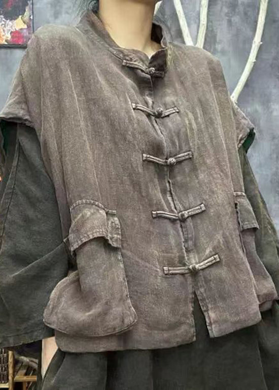 Green Stand Collar Pockets Chinese Button Cotton Vest Fall